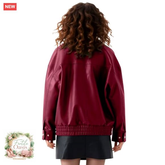 Oversized Faux Leather Motorcycle Jacket Biker Bomber Y2K Trendy Outerwear - Picture 4 of 6